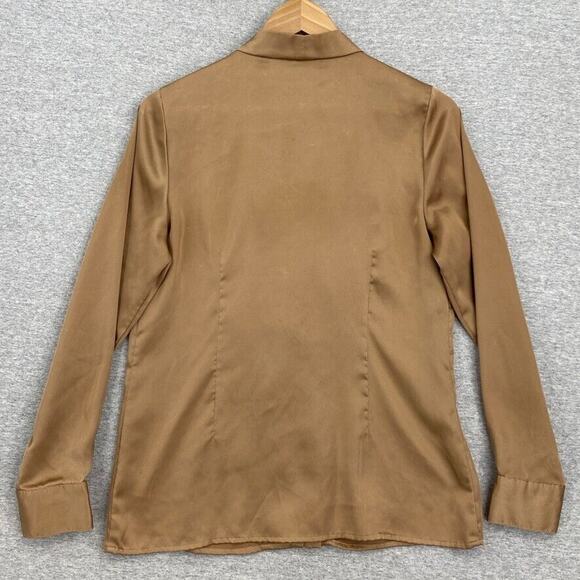 Dennis Basso Blouse Womens Extra Small Brown Silky Button Up Long Sleeve Ruffle - Picture 4 of 13